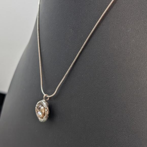 Vintage 925 Sterling Silver Bird's Next Pearl Eggs Pendant Snake Chain Necklace - Picture 2 of 9